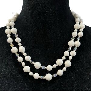 Vintage Double Strand Necklace White AB Beaded